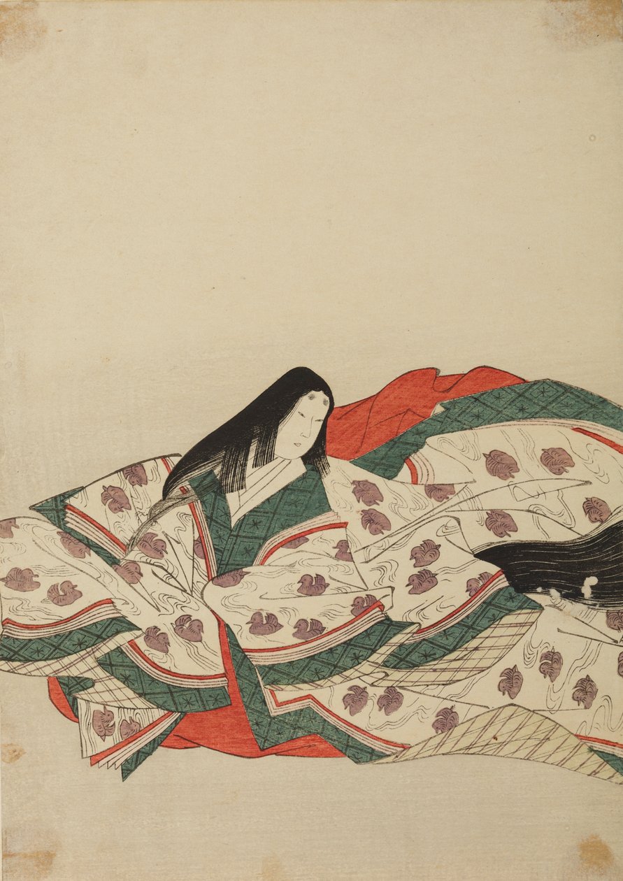 Dama di corte in kimono bianco con motivo di anatroccoli sull