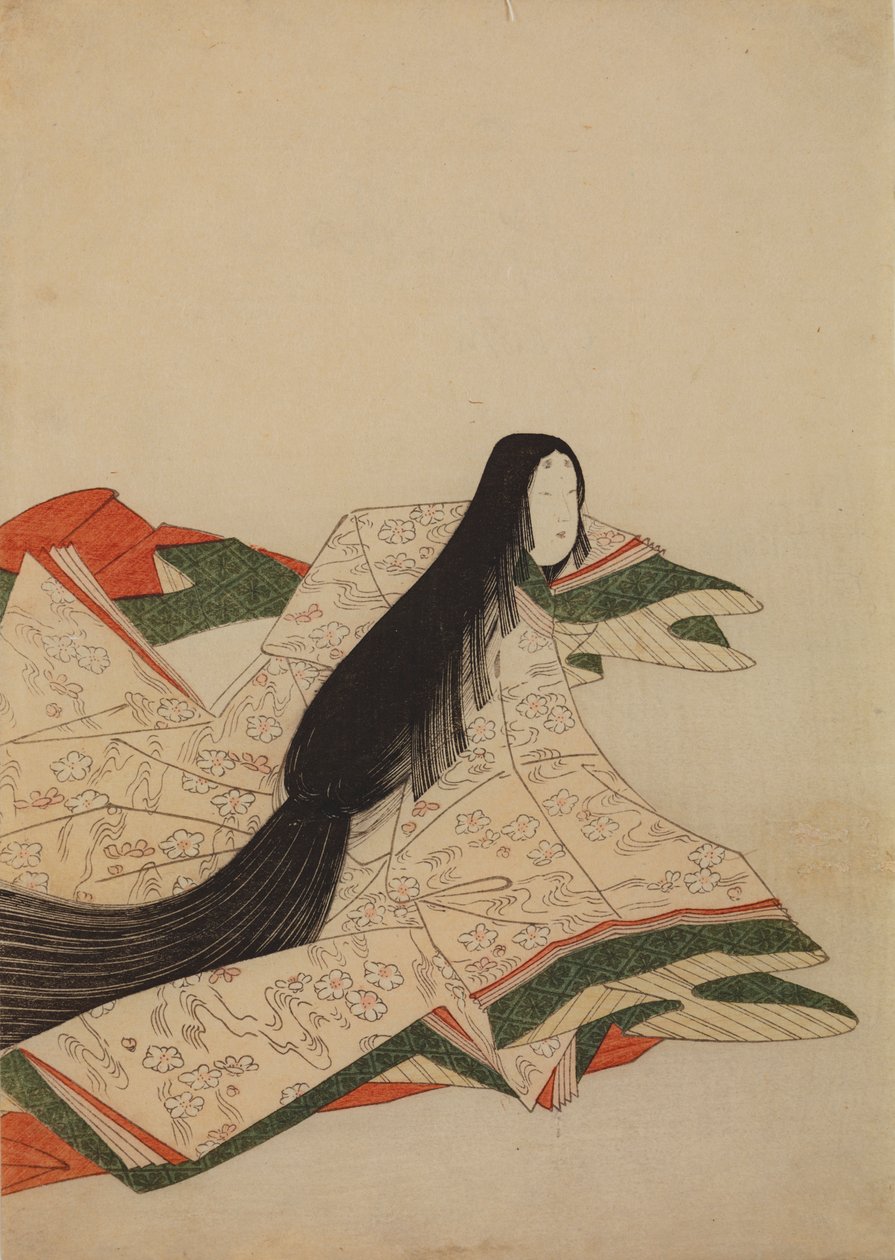 Una dama di corte con un kimono rosa decorato con un motivo di fiori di ciliegio sulle onde, tavola tratta dall’album: Trentasei poetesse / Nishiki-zuri onna sanju rokkasen e-zukushi da Chobunsai Eishi
