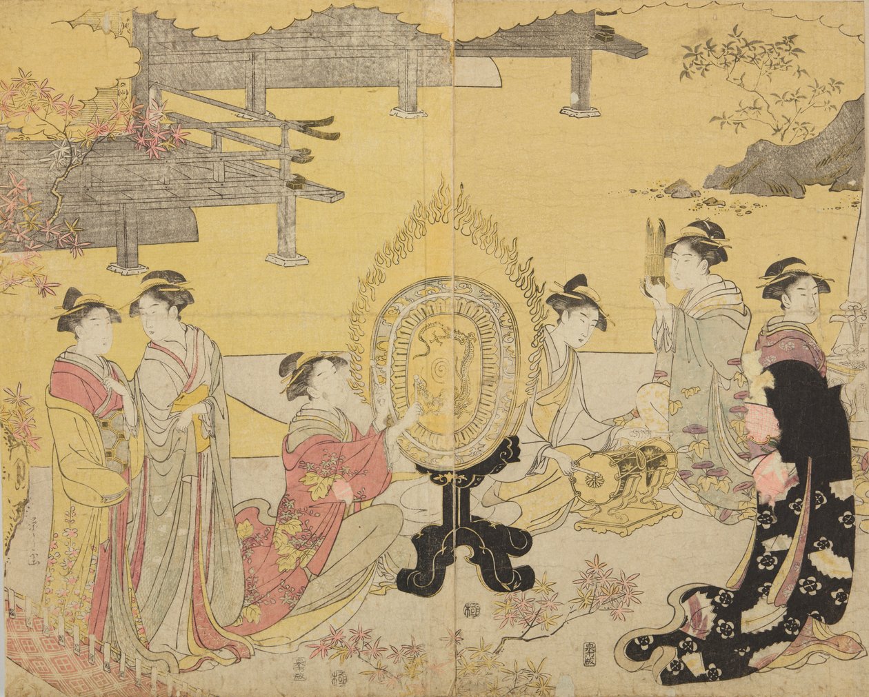 Gruppo di donne con strumenti musicali, dalla serie Furyu yatsushi Genji da Chobunsai Eishi