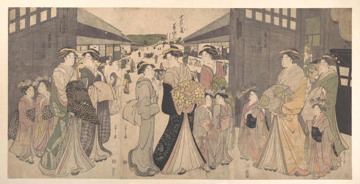 Oiran e damigelle all’Ō Mon, ovvero la Grande Porta di Yoshiwara da Chobunsai Eishi