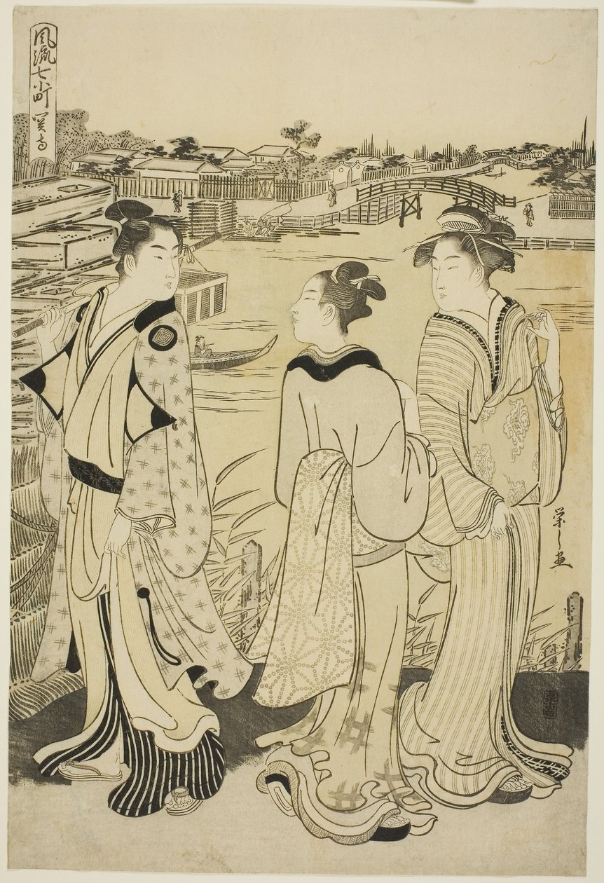 Ono no Komachi al Tempio di Seki, dalla serie Le Sette Komachi alla Moda, c.1788 da Chobunsai Eishi
