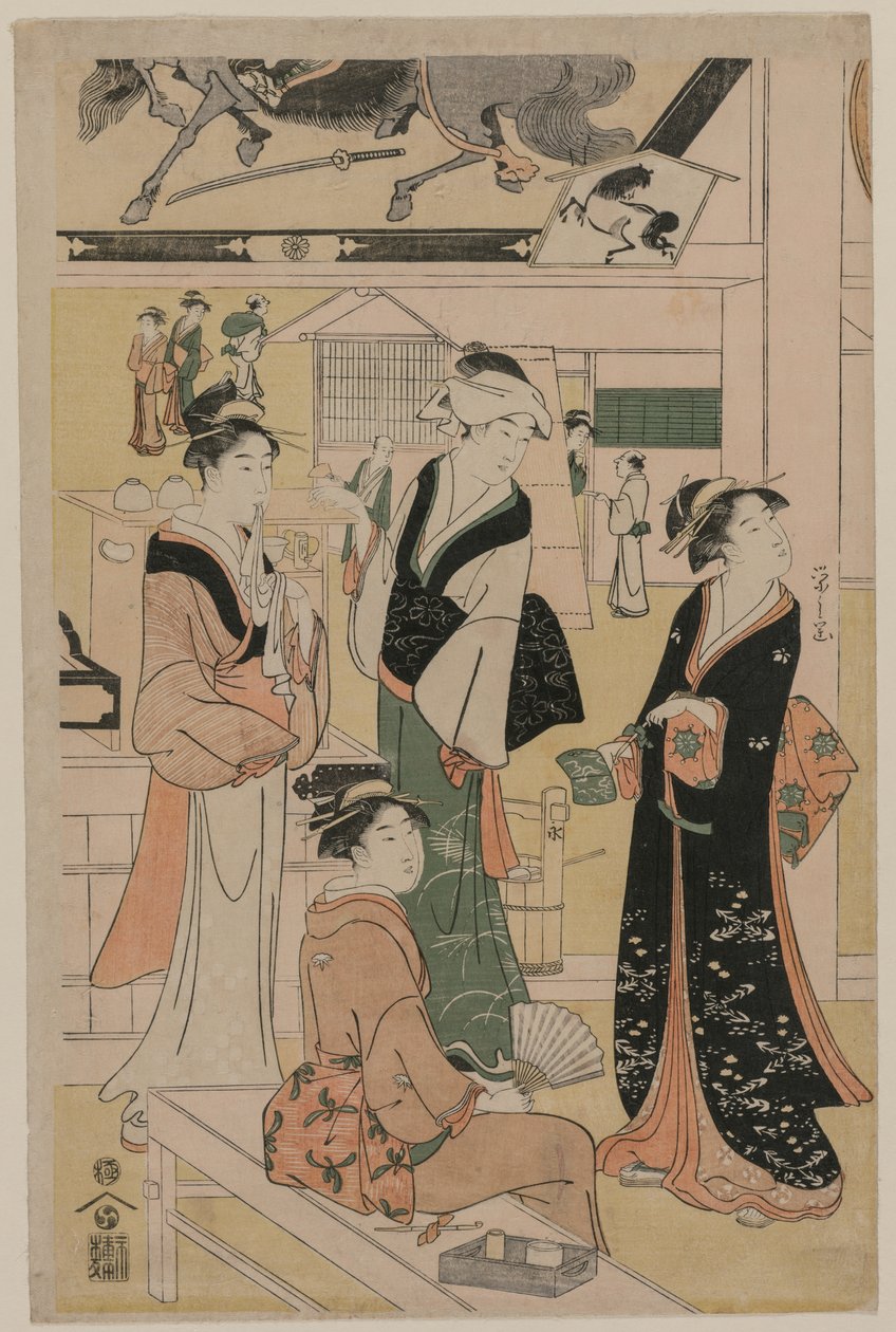 Donne che visitano una bancarella di tè nei pressi di un tempio da Chobunsai Eishi