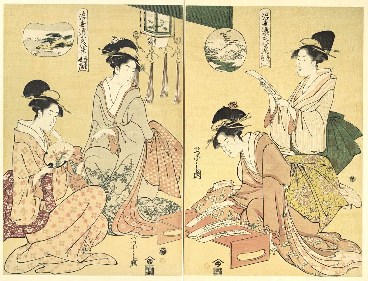 Evocatore di spiriti; oche selvatiche che ritornano a casa (Maboroshi; Rakugan) (a destra) e un sottile velo di nuvole; tempo che si rasserena (Usugumo; Seiran) (a sinistra), dalla serie Otto vedute del Racconto di Genji nel mondo fluttuante (Ukiyo Genji da Chobunsai Eishi