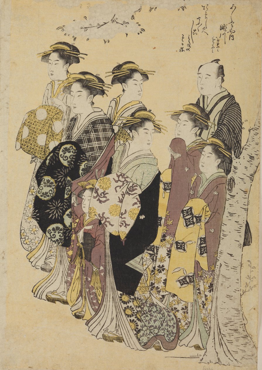 Sei oiran a passeggio con una ragazza e un uomo da Chobunsai Eishi
