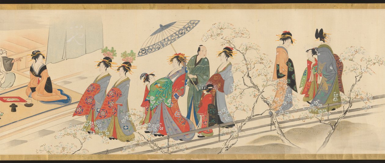 Tre dèi della buona fortuna visitano Yoshiwara; ovvero «Scene di piacere al culmine della primavera» da Chobunsai Eishi