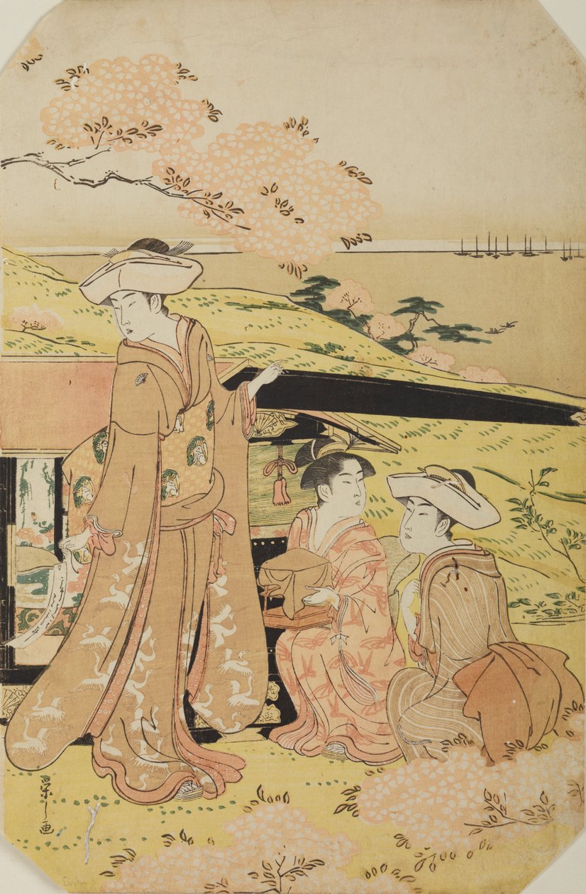 Tre dame presso una portantina da Chobunsai Eishi