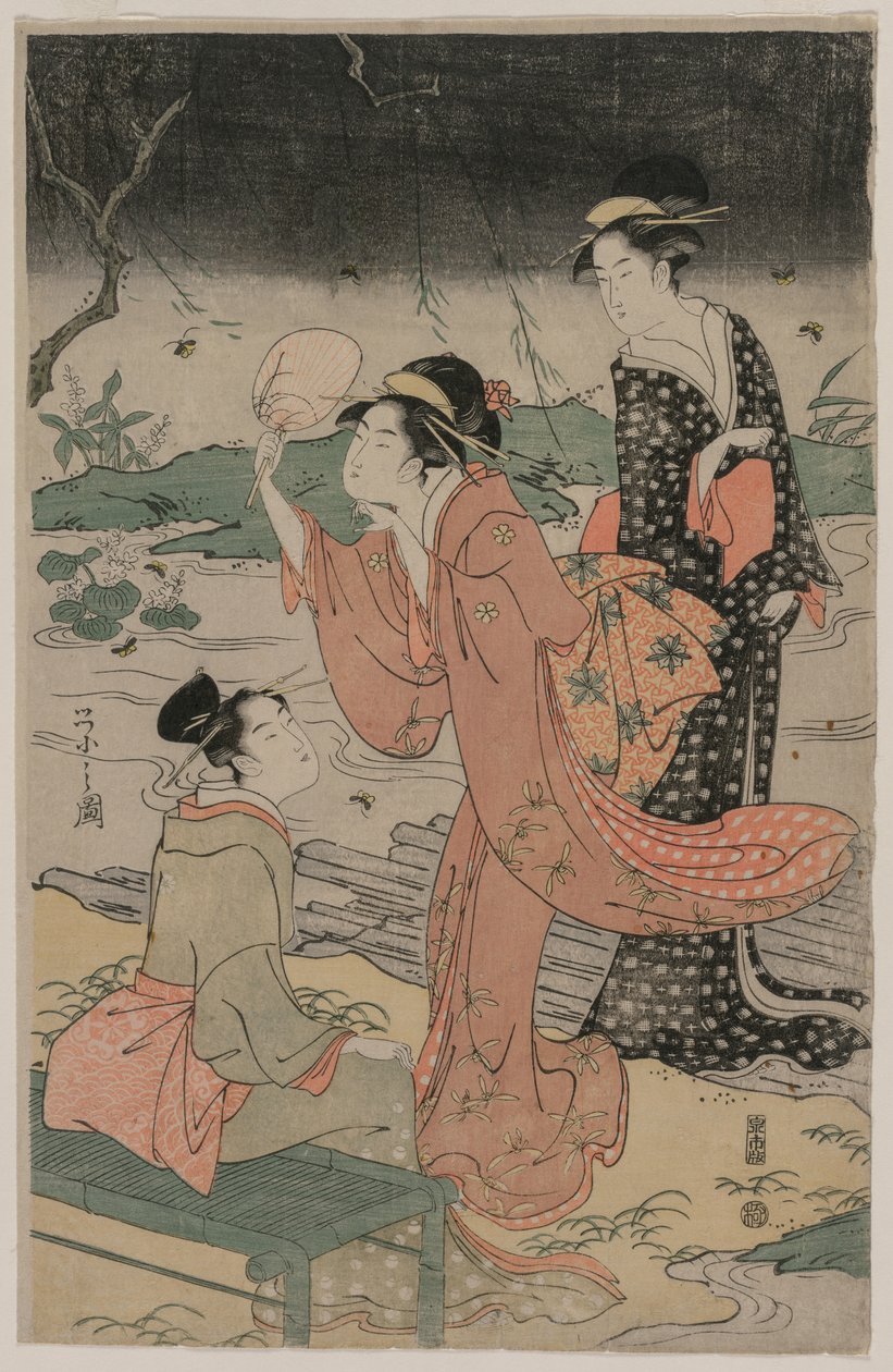 Donne accanto a un ruscello che inseguono lucciole da Chobunsai Eishi
