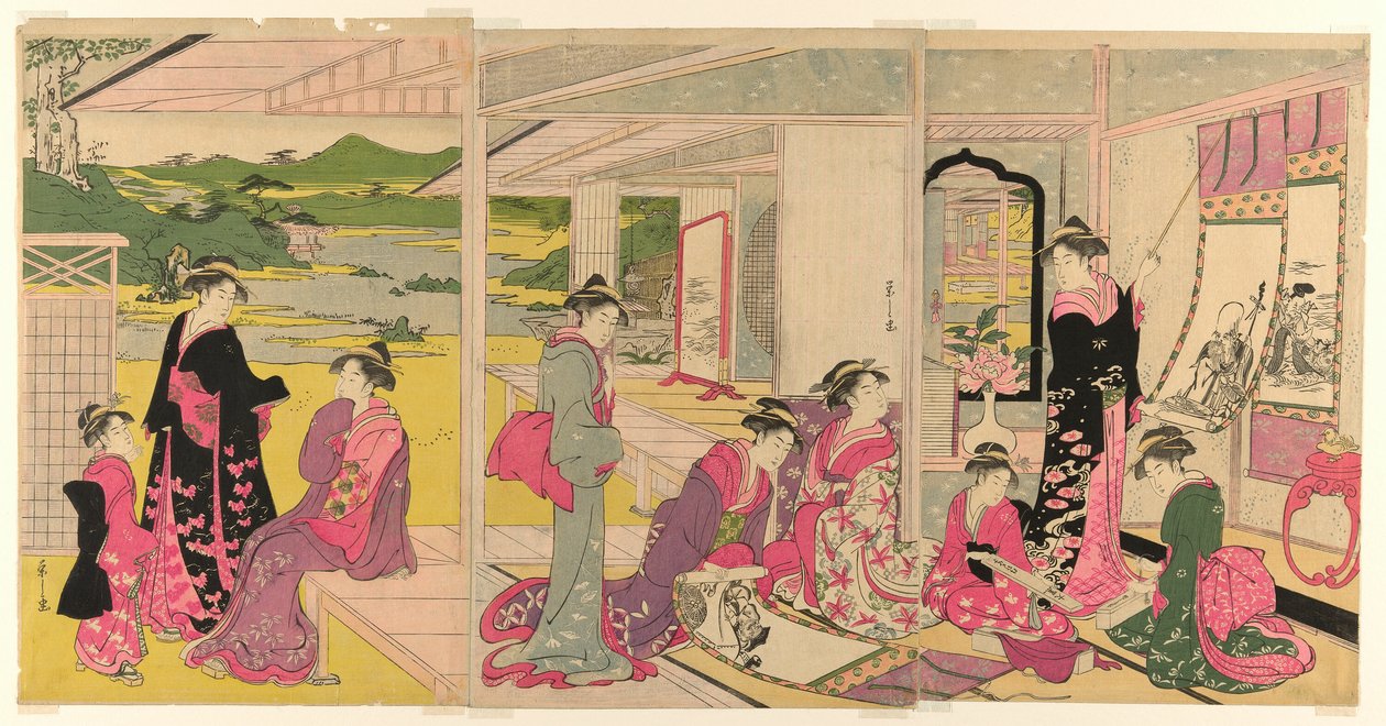 Donne che Guardano Dipinti a Rotolo degli Dei della Fortuna da Chobunsai Eishi
