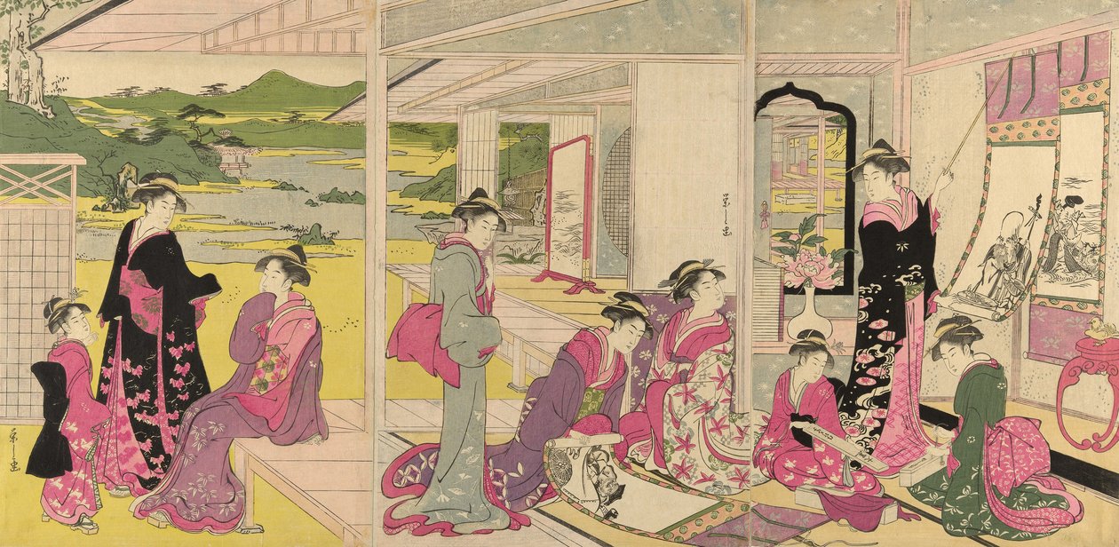 Donne che guardano dipinti a rotolo degli dei della buona fortuna da Chobunsai Eishi