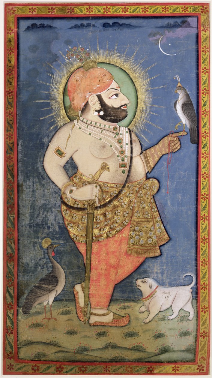 Maharana Bhim Singh di Mewar con un falco, Udaipur (Mewar) Rajasthan, c.1805 da Chokha