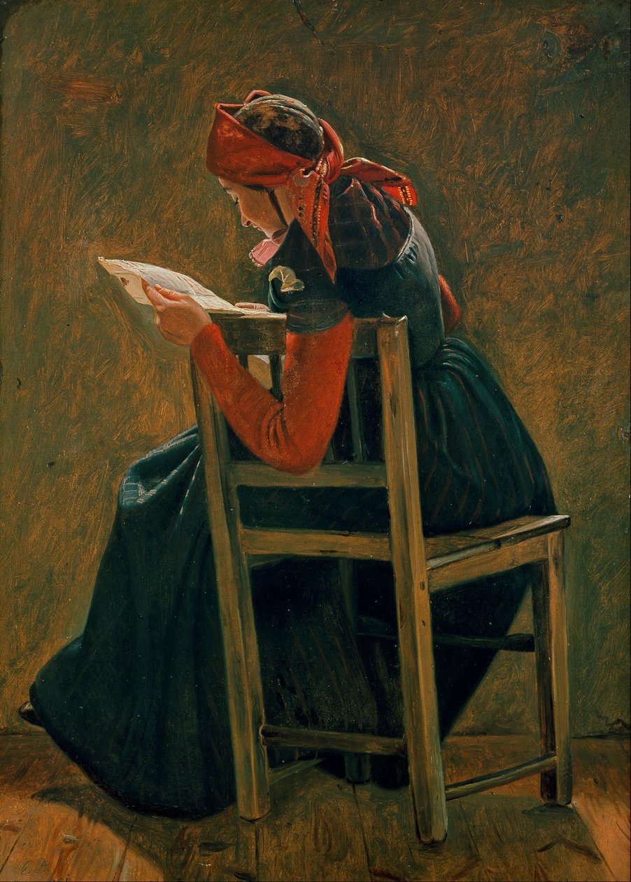 Una giovane ragazza che legge Frem Salling. Studio. da Christen Dalsgaard