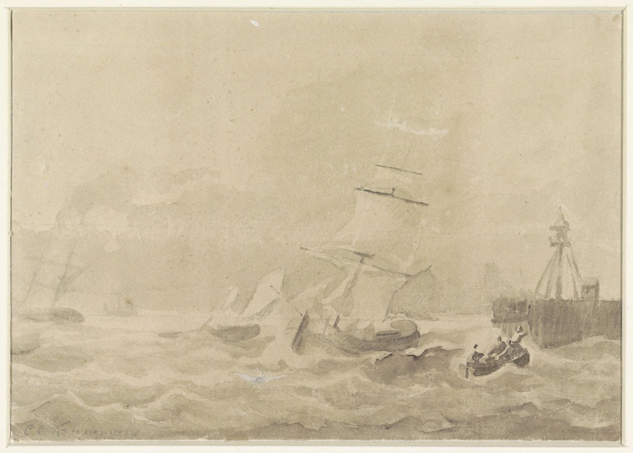 Mare agitato con barche a vela da Christiaan Cornelis Kannemans