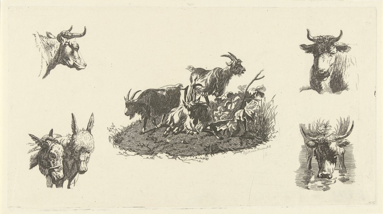 Tre capre con teste di mucche e asini ai lati da Christiaan Godfried Schutze van Houten