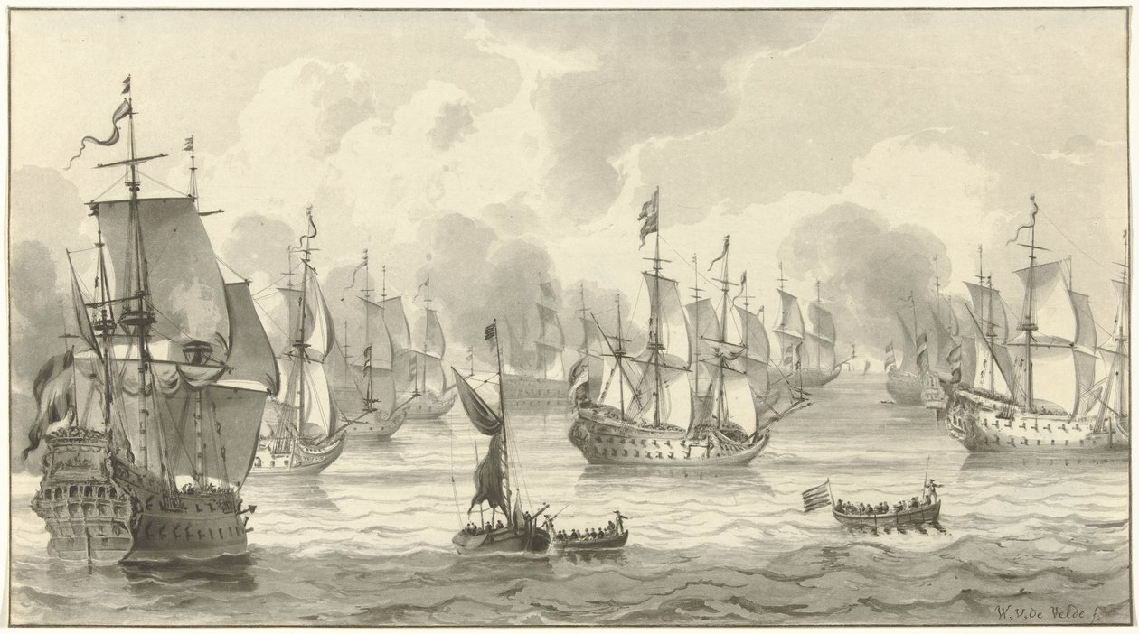 Veduta marina con flotta da guerra da Christiaan Josi