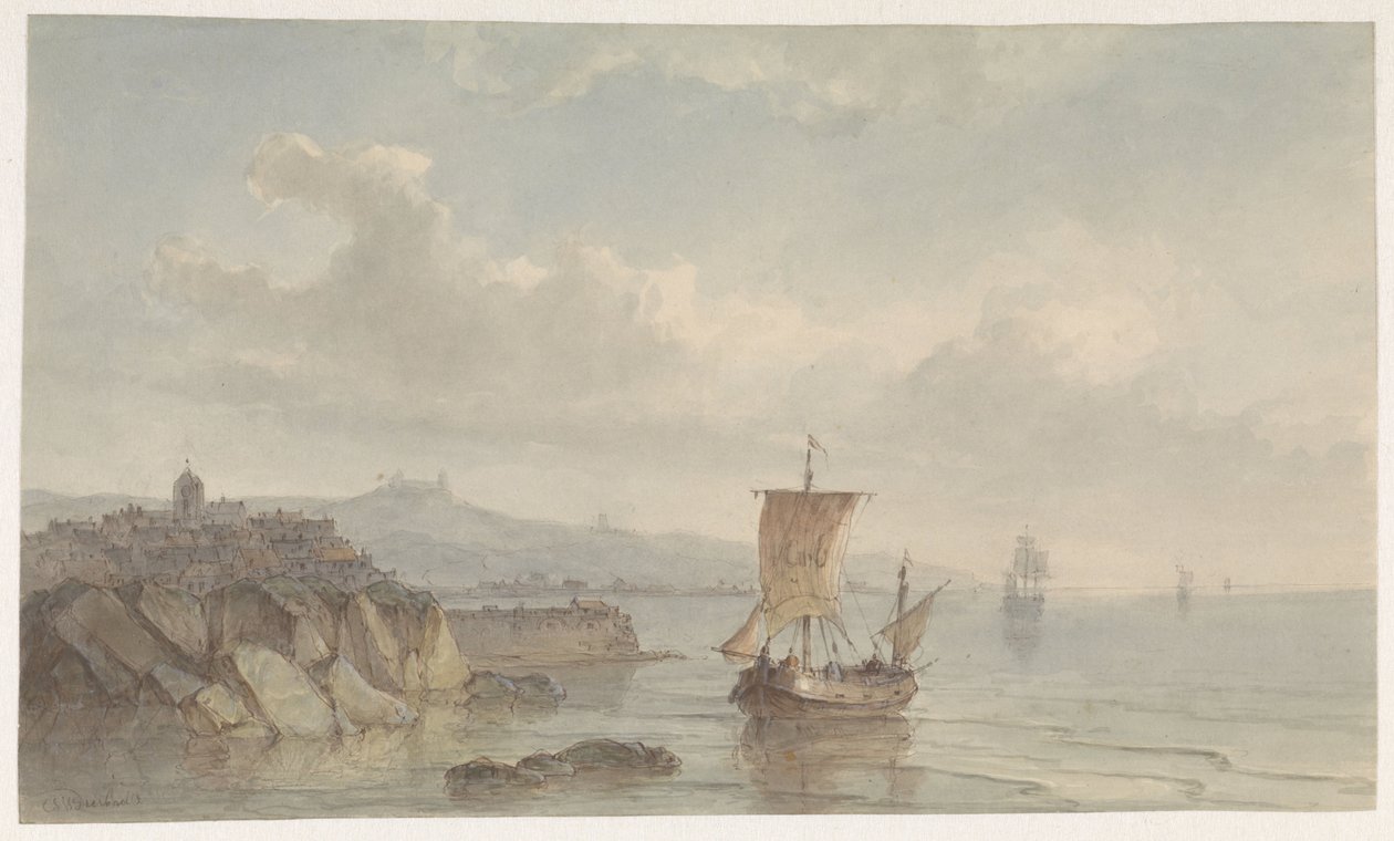 Paesaggio costiero con porto e navi sull