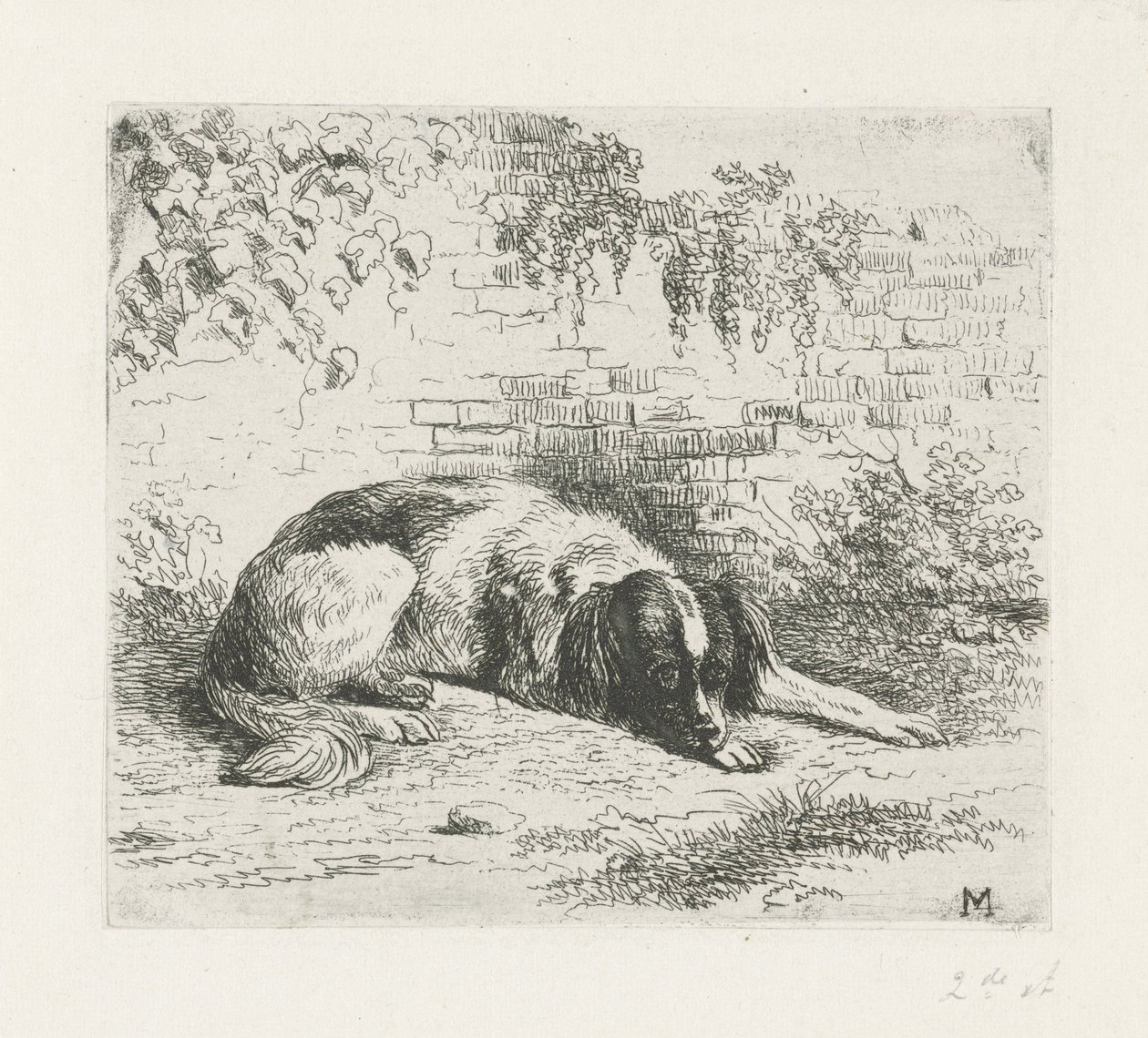 Cane sdraiato davanti a un muretto da Christiaan Wilhelmus Moorrees