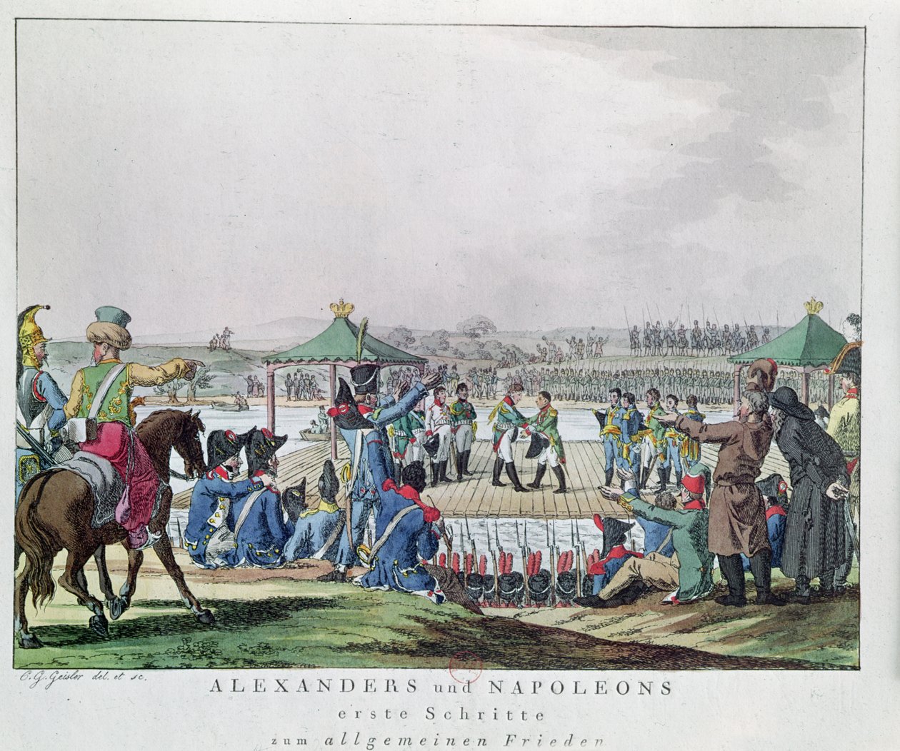 Alessandro I (1777-1825) e Napoleone (1769-1821) compiono i primi passi verso uno stato generale di pace, 26 giugno 1807 da Christian Gottfried Geissler