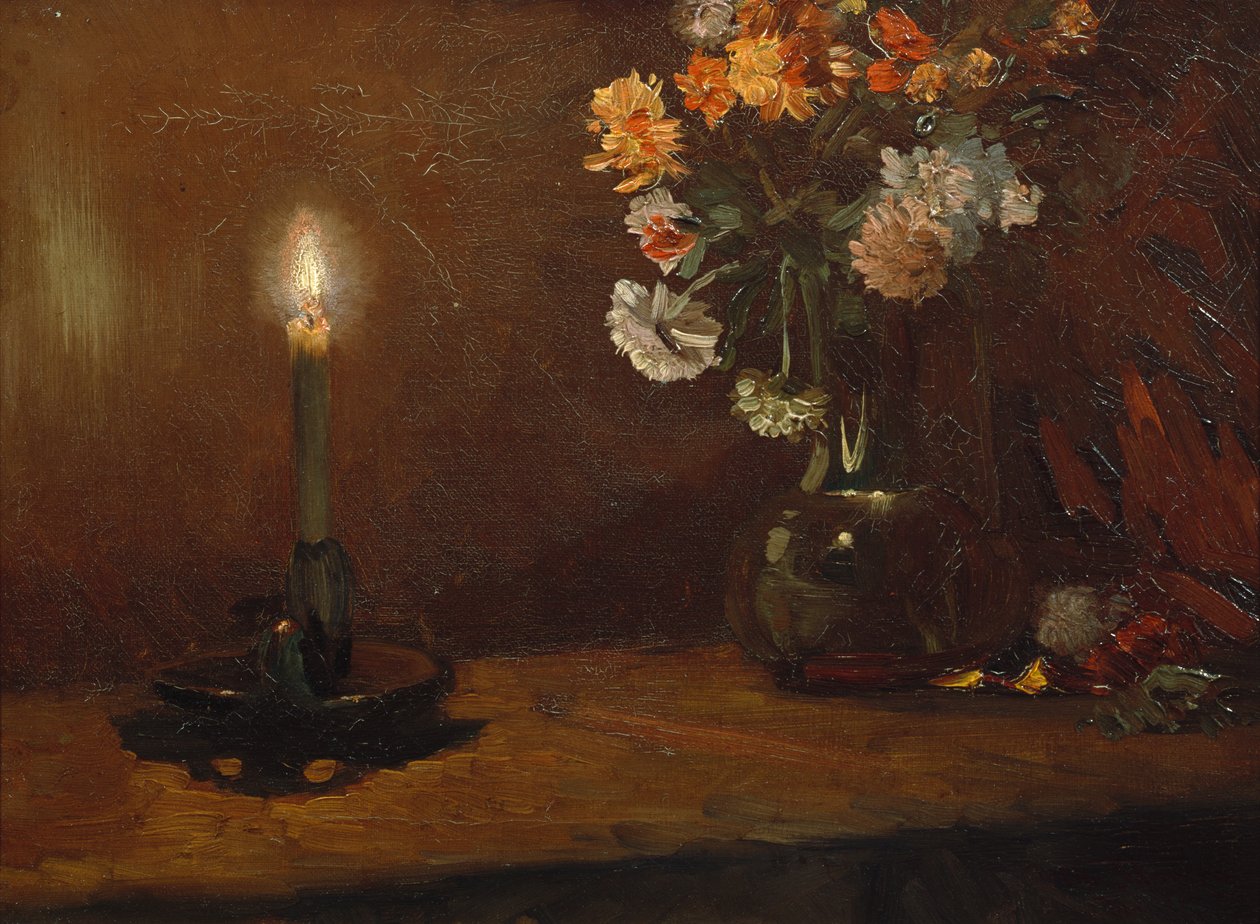 Composizione con candela e fiori in vaso da Christian Eriksen Skredsvig