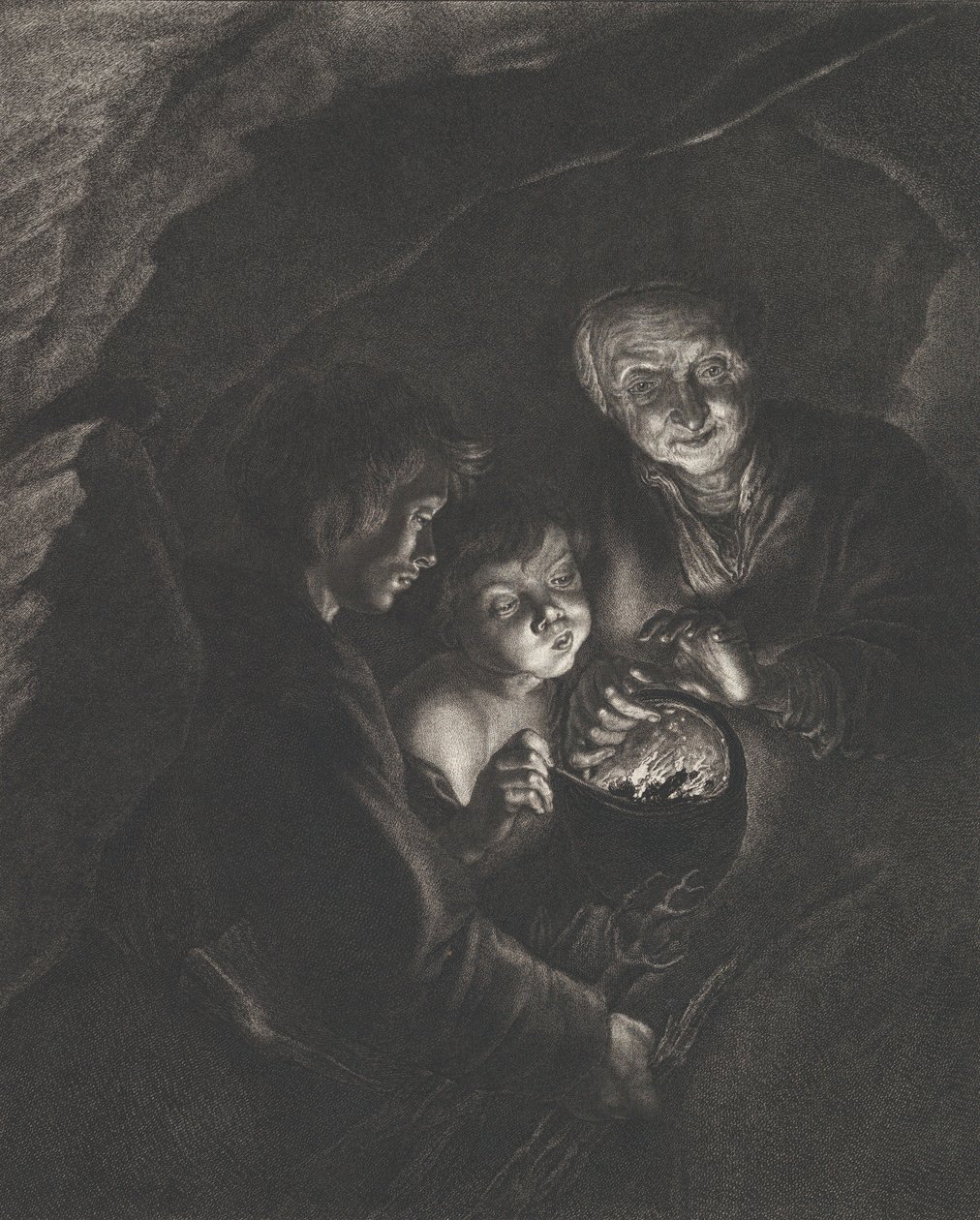 Scena notturna in una grotta con una vecchia che tiene carboni ardenti in una pentola, un ragazzo che soffia, ca. 1750-57 da Christian Friedrich Boëtius
