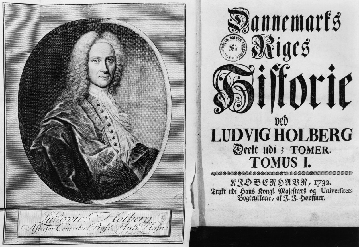 Barone Ludvig Holberg e la pagina del titolo del Volume I della sua Storia della Danimarca, pubblicata a Copenaghen, 1732 da Christian Friedrich Fritzsch