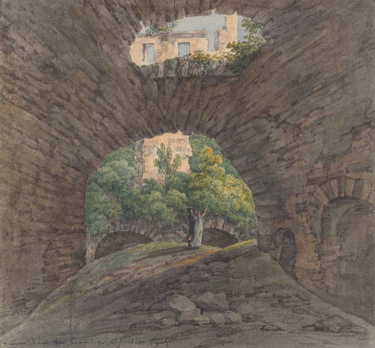Una giovane coppia che osserva le rovine vicino a Bingen, 1801 da Christian Georg Schutz