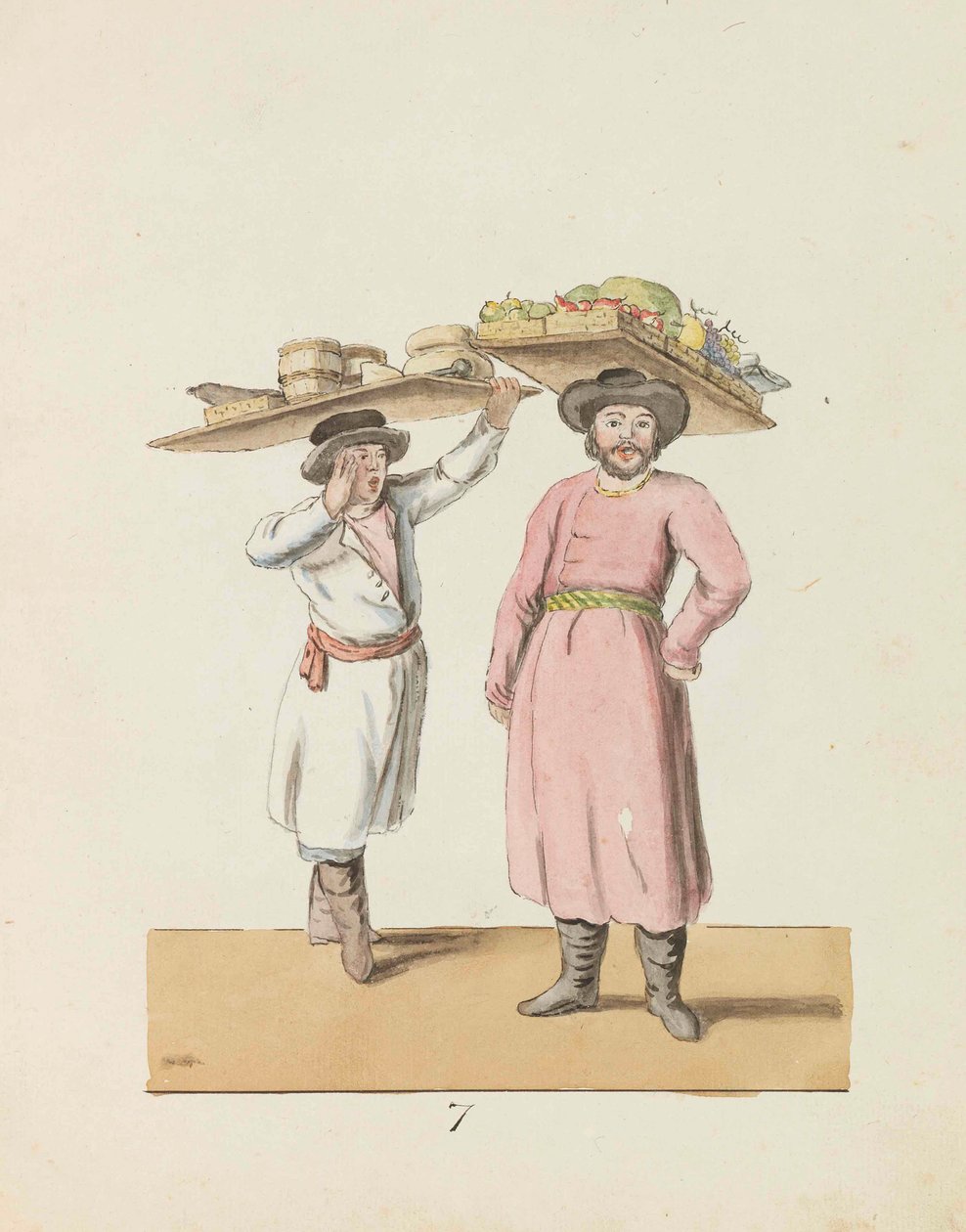 Venditore di frutta e contadino che vende formaggio e aringhe dalla serie San Pietroburgo, 1799 da Christian Gottfried Heinrich Geissler