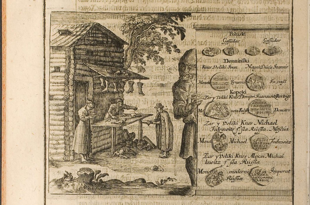 Denaro e commercio in Moscovia, illustrazione da Viaggi al Gran Duca di Moscovia e al Re di da Christian Lorenzen Rothgiesser