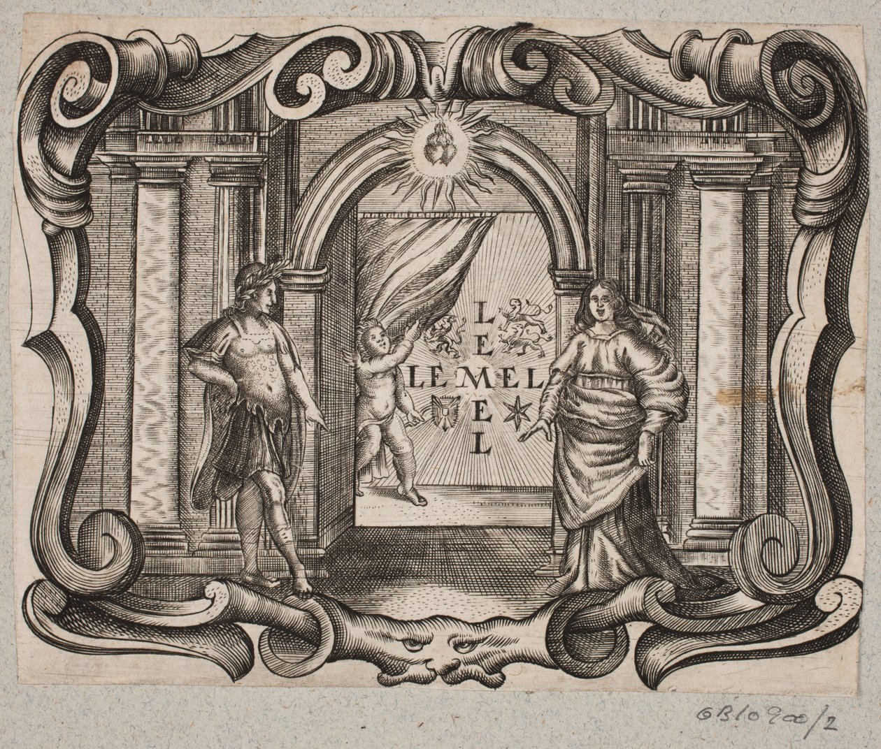 Emblema con portale, uomo e donna, amorino e due cuori ardenti da Christian Rothgiesser