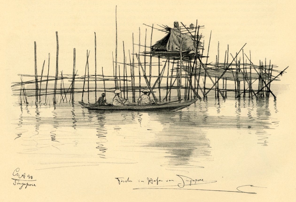 Casa su palafitte e pescatori nel porto di Singapore, 1898 da Christian Wilhelm Allers