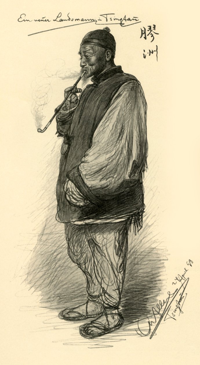 Uomo che fuma una pipa, Tsingtao, Cina, 1898 da Christian Wilhelm Allers