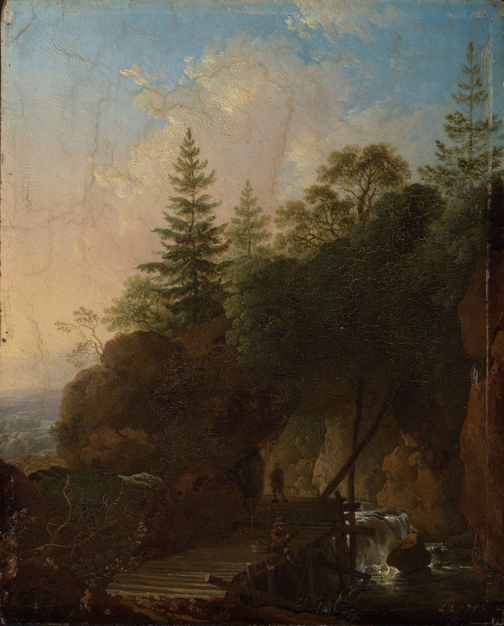 Paesaggio montano con cascata e ponte di legno da Christian Wilhelm Ernst Dietrich