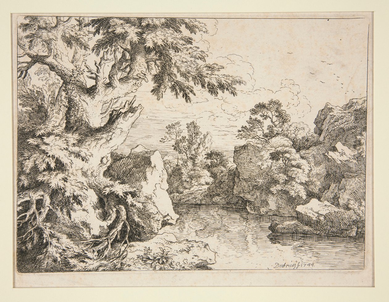 Paesaggio con stagno bordato da rocce e alberi da Christian Wilhelm Ernst Dietrich