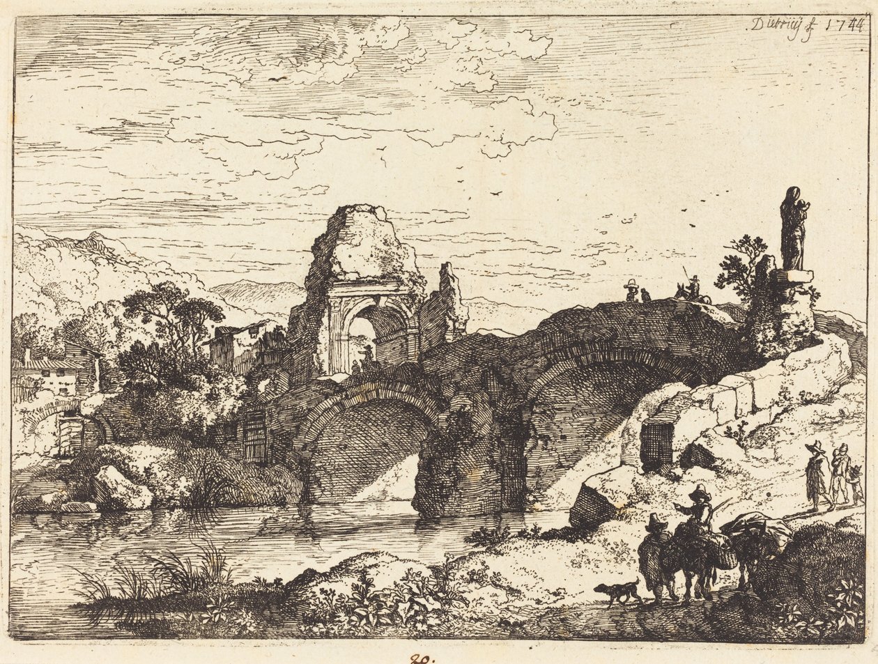 Paesaggio con un ponte e una torre in rovina da Christian Wilhelm Ernst Dietrich