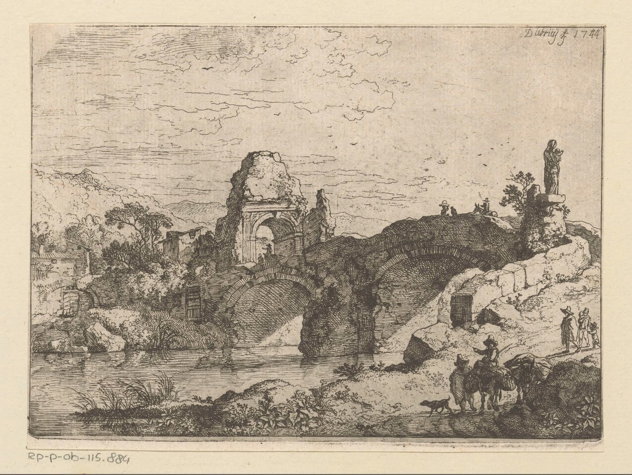 Paesaggio con la rovina di un portale accanto a un ponte in rovina da Christian Wilhelm Ernst Dietrich