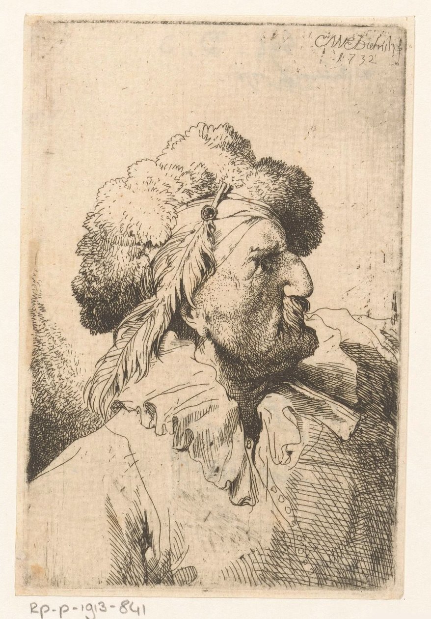 Uomo con cappello di pelliccia e piuma da Christian Wilhelm Ernst Dietrich
