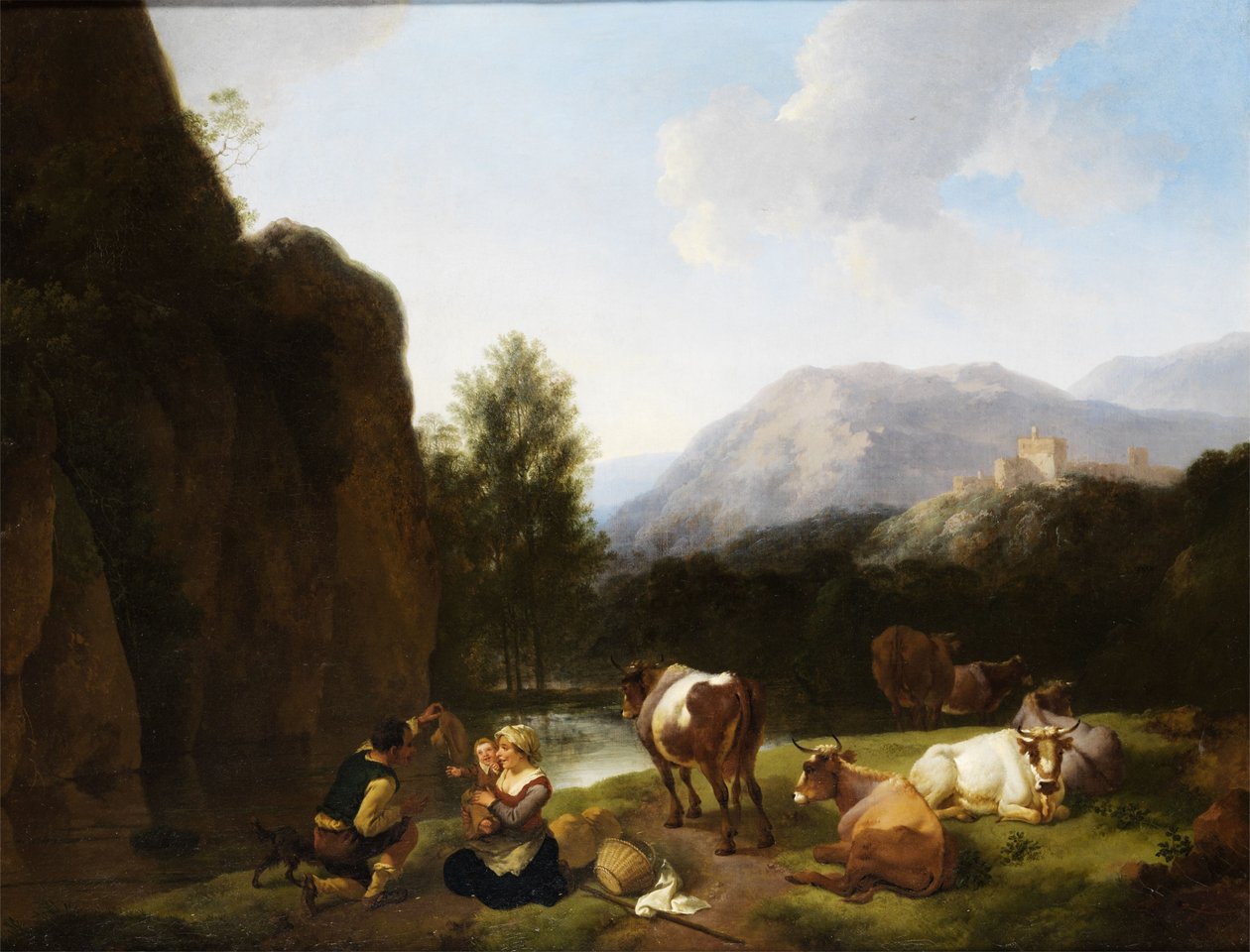 Famiglia a riposo accanto a mucche lungo un fiume da Christian Wilhelm Ernst Dietrich