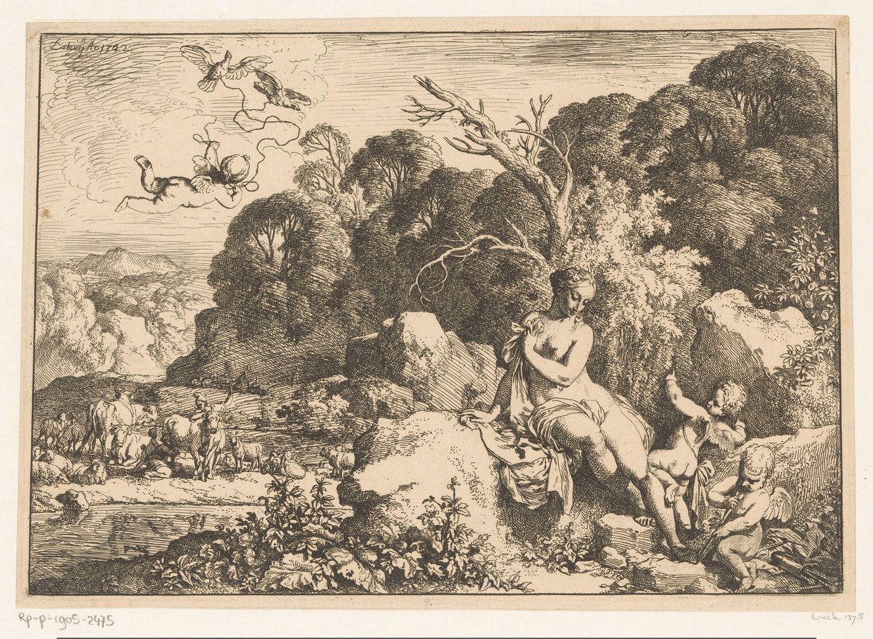 Venere seduta su una roccia, accompagnata da tre putti da Christian Wilhelm Ernst Dietrich