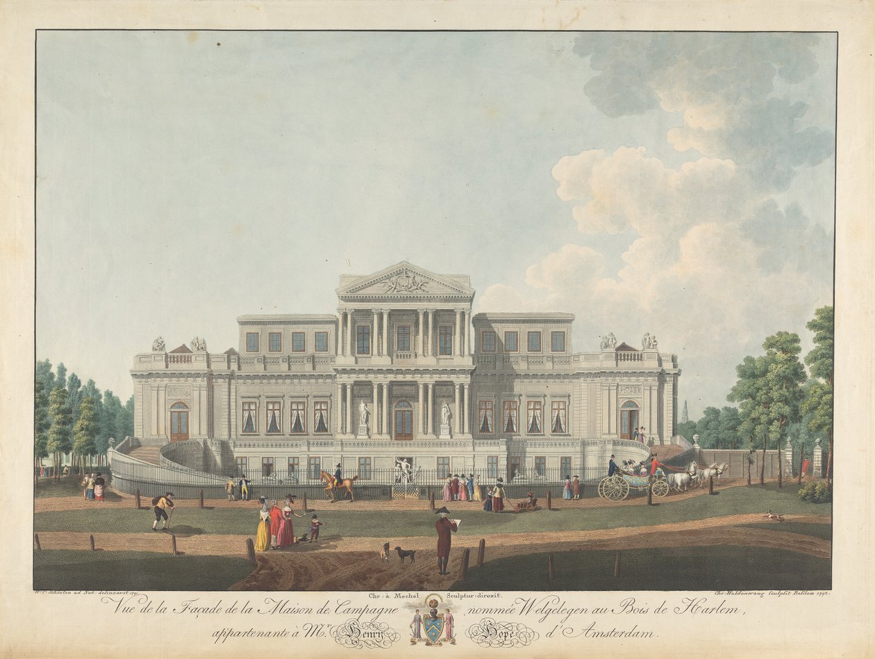 Welgelegen: Veduta della facciata della casa di campagna chiamata Welgelegen nel bosco di Harlem, appartenente al Sig. Henry Hope di Amsterdam da Christian von Mechel