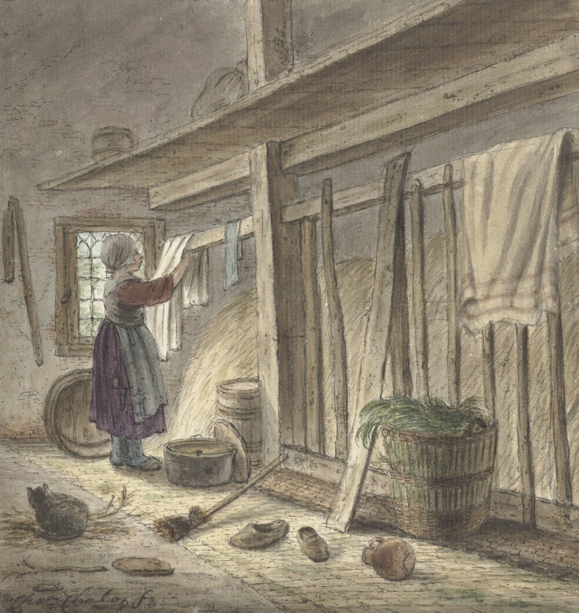 Angolo di una stalla con una ragazza che appende un panno (1772) di Christina Chalon da Christina Chalon