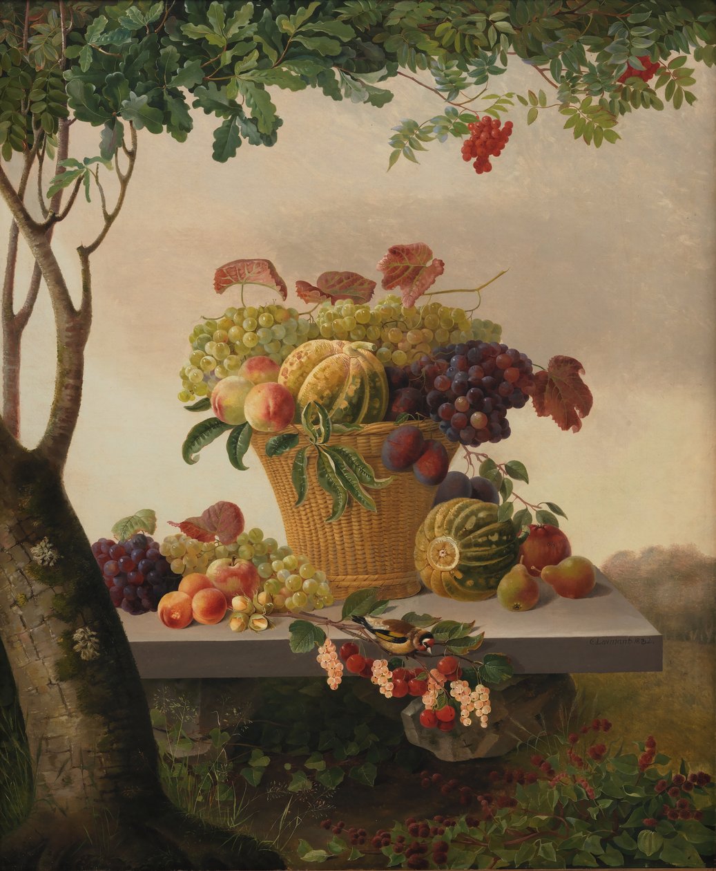 Un cesto di frutta in un paesaggio da Christine Løvmand