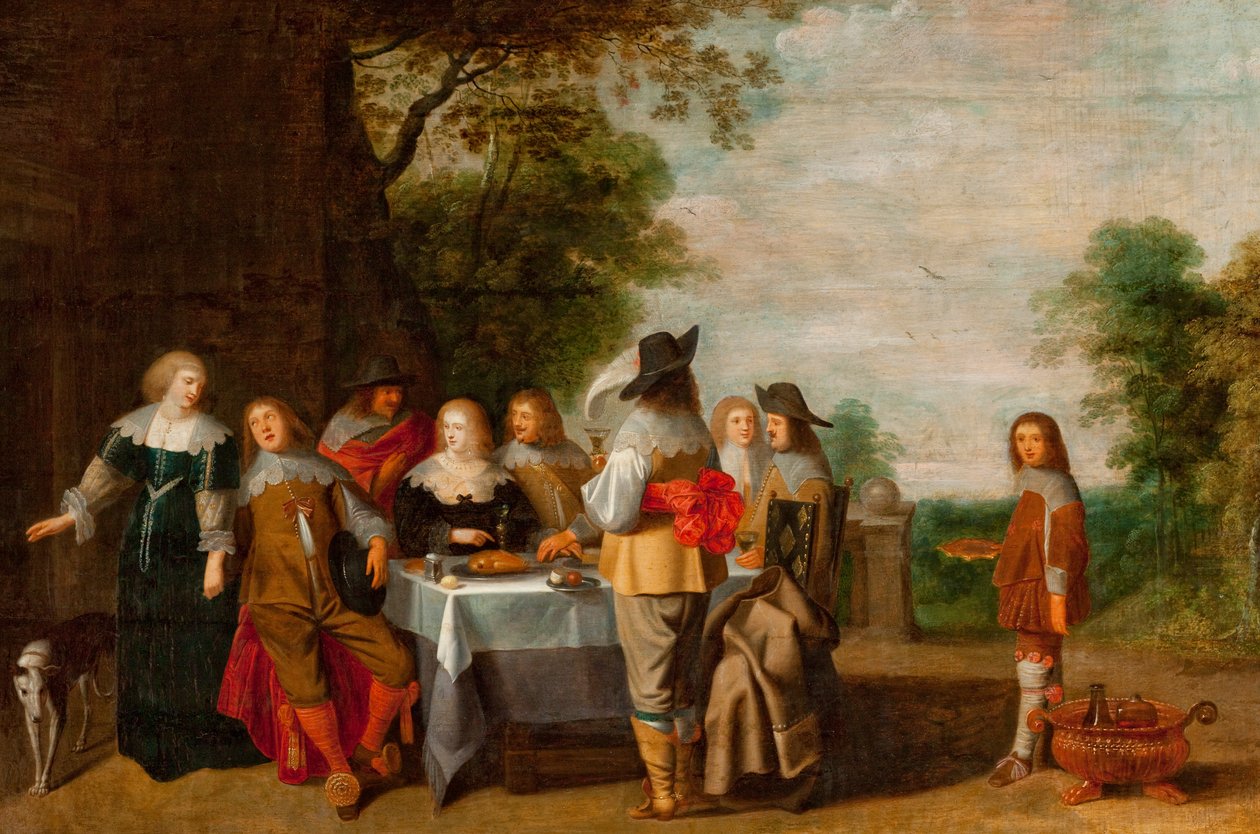 Compagnia a un tavolo in un parco da Christoffel Jacobsz Laemen van der