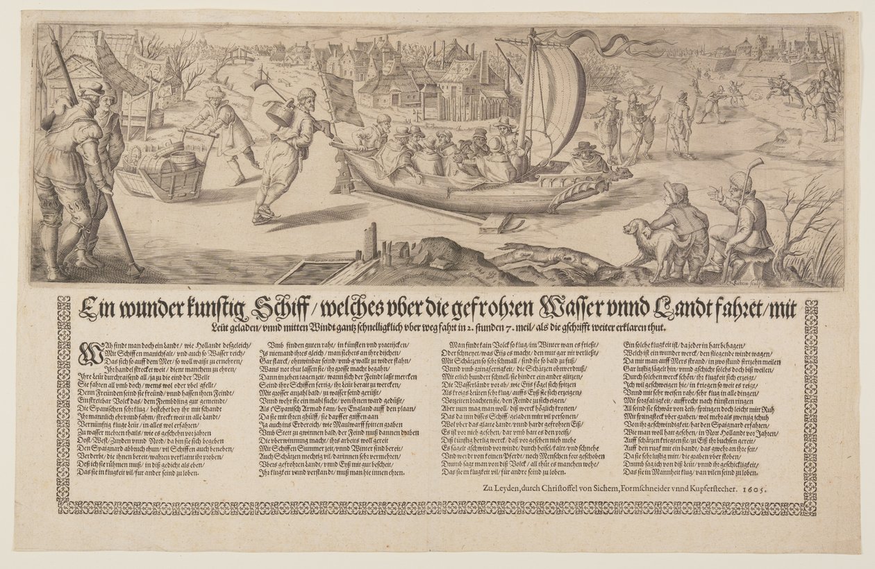 Broadside con una chiatta che naviga sul ghiaccio da Christoffel van Sichem I