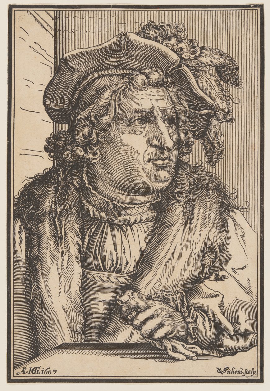 Uomo con cappello piumato da Christoffel van Sichem I
