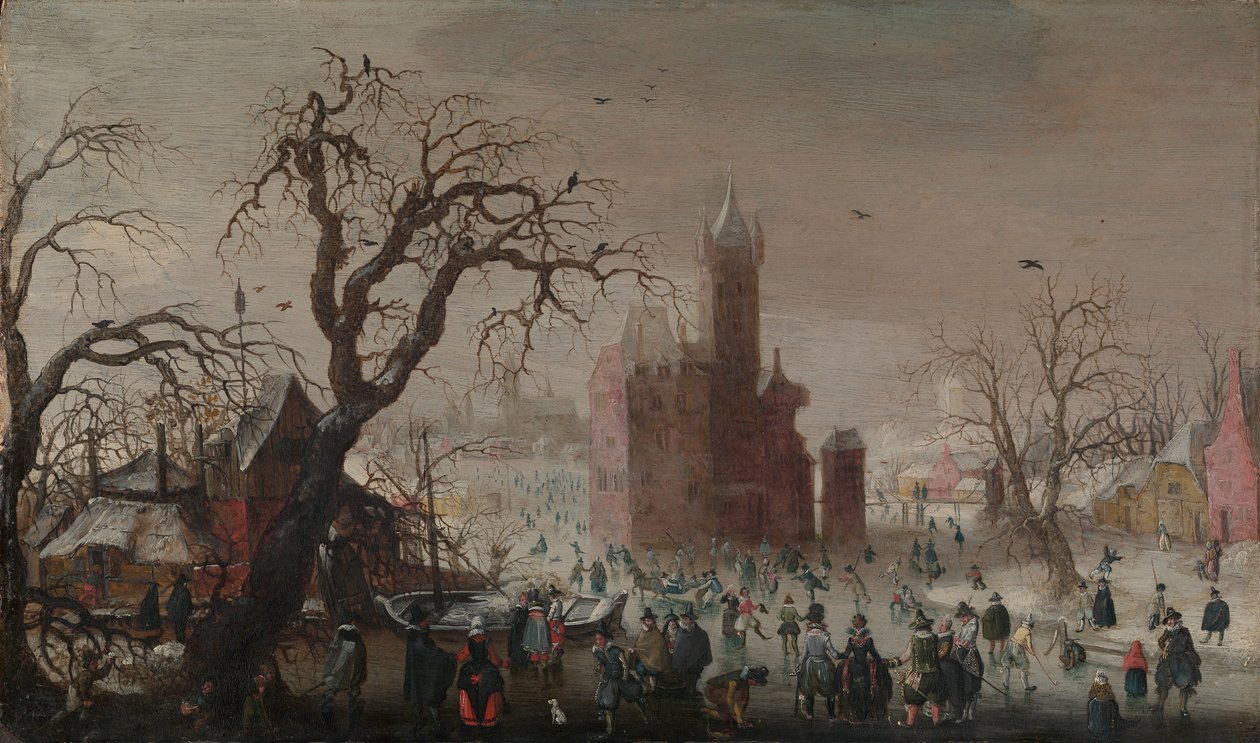 Paesaggio invernale con pattinatori sul ghiaccio e un castello immaginario, ca. 1615-20 da Christoffel van den Berghe