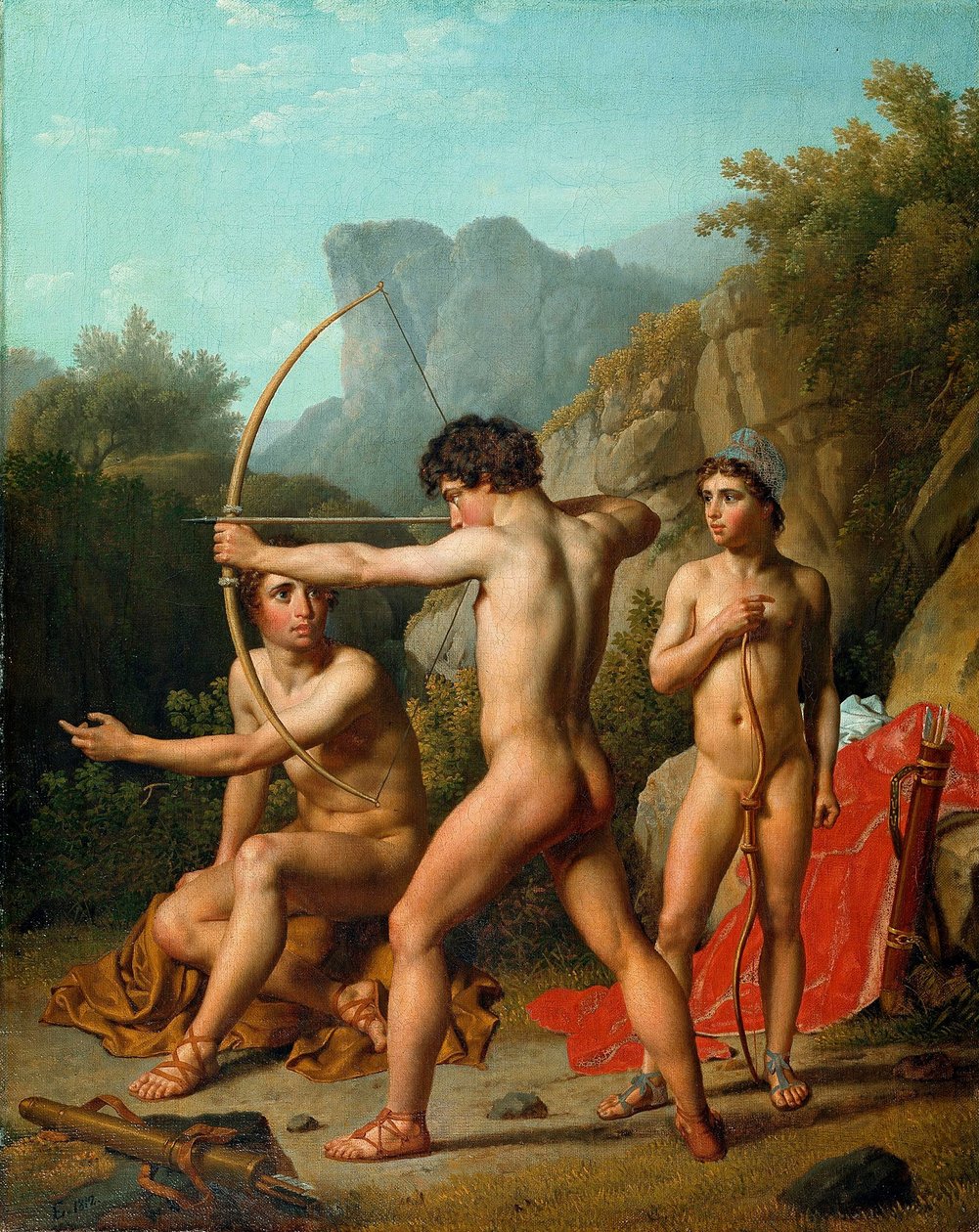 Tre ragazzi spartani che praticano il tiro con l