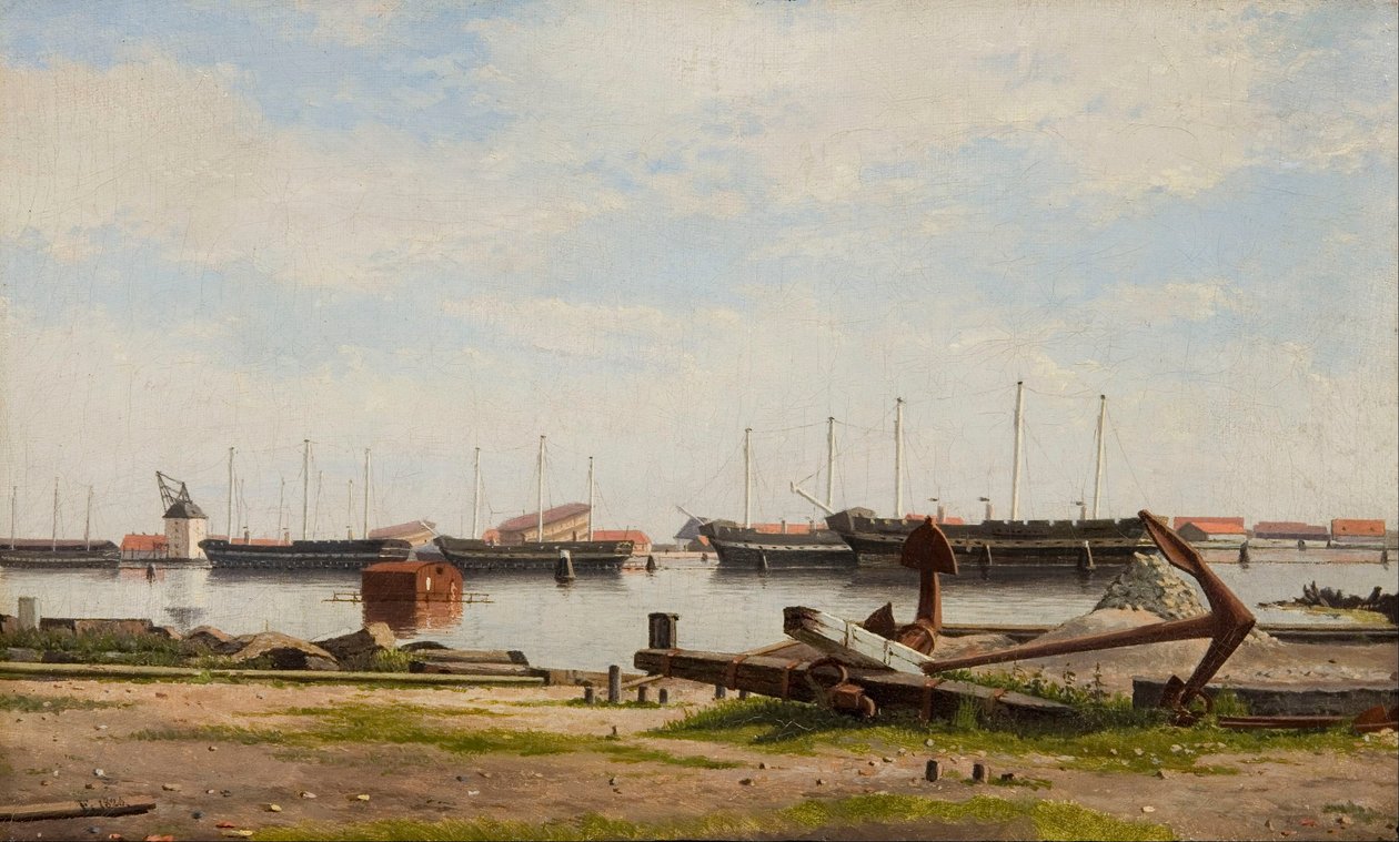 Vista del molo di Nyholm con la gru e alcune navi da guerra da Christoffer Wilhelm Eckersberg