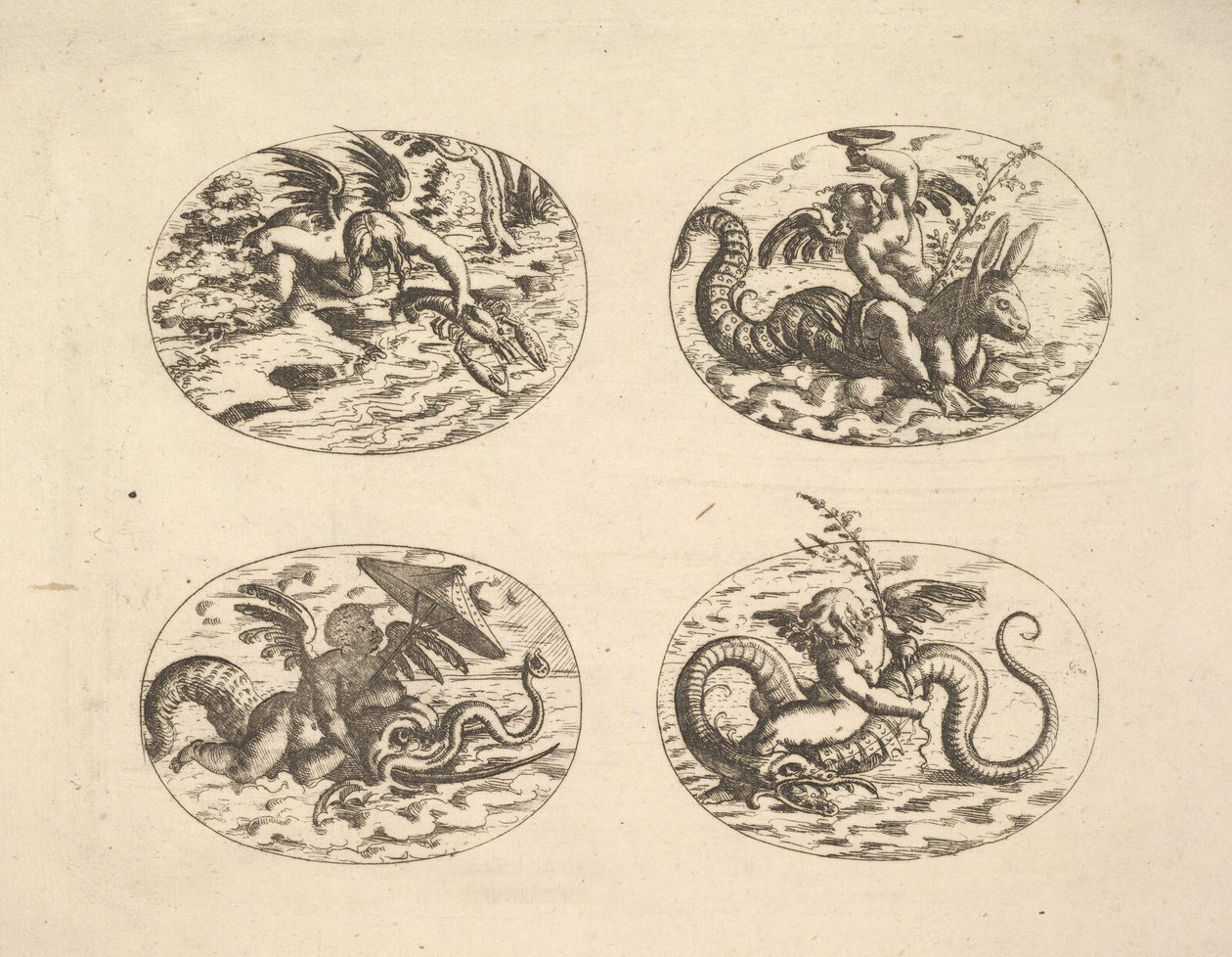 Putti con Mostri Marini, piatti dal Neue Grotessken Buch, 1610 da Christoph Jamnitzer