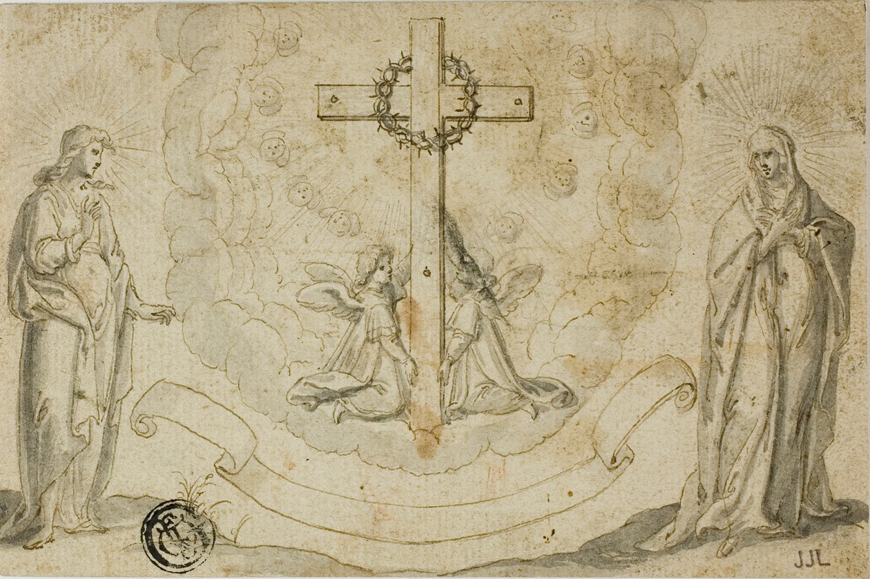 La Vergine Maria e San Giovanni Evangelista osservano la visione della Croce sorretta da due angeli da Christoph Schwarz