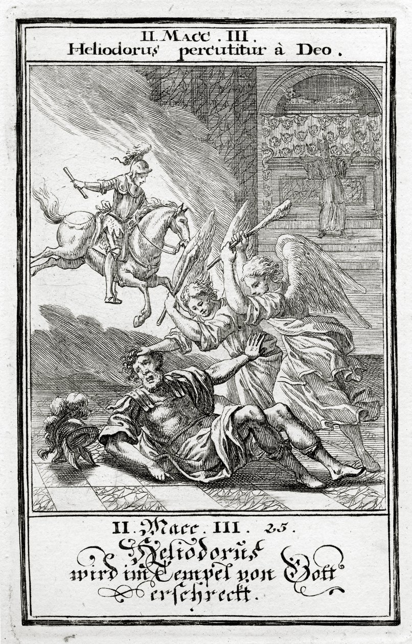 Dio spaventa Eliodoro in un tempio, 2 Maccabei (3:21-28), 1695 da Christoph Weigel