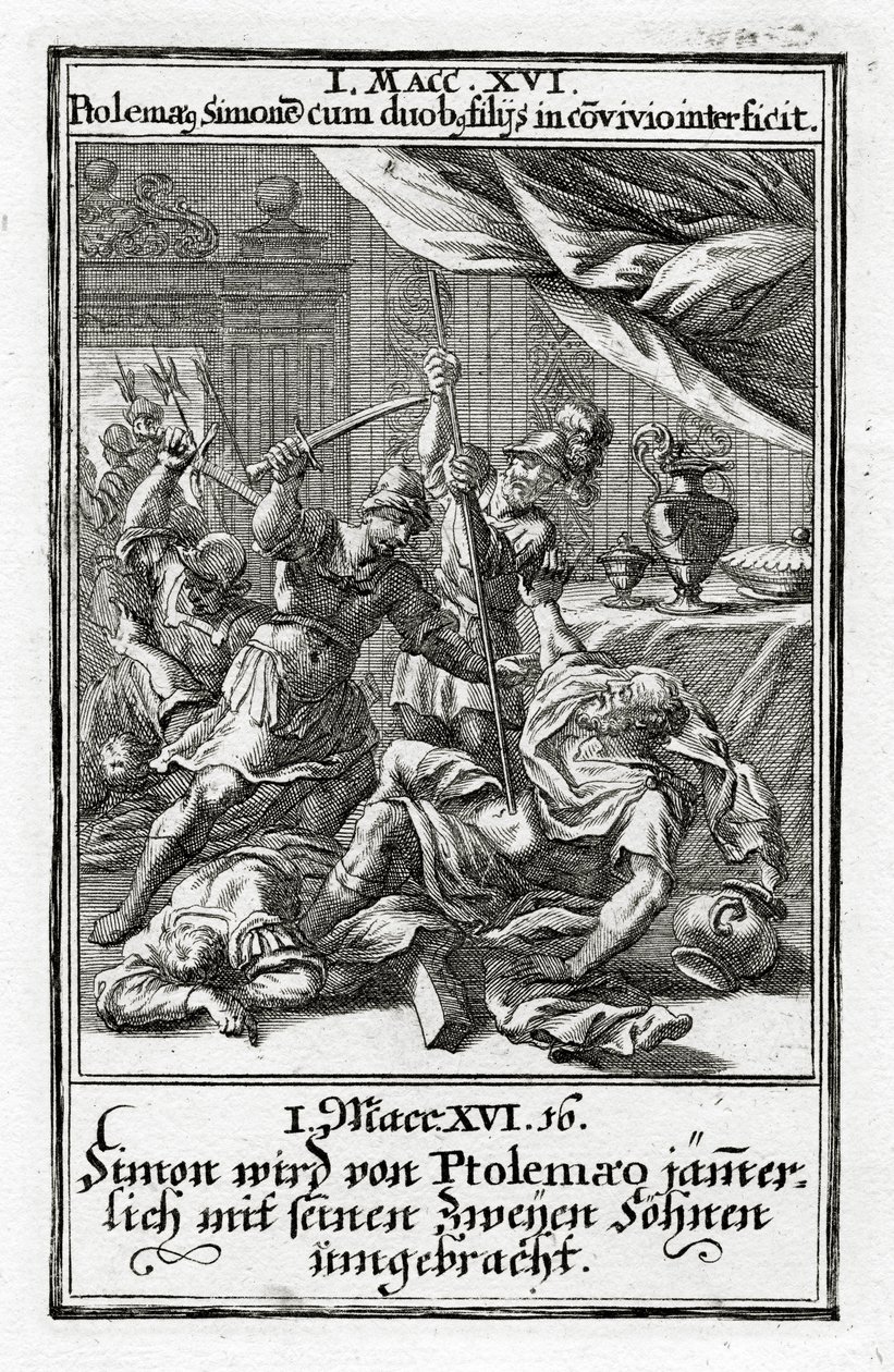 Simone e i suoi due figli uccisi da Tolomeo. 1 Maccabei 14:16, 1695 da Christoph Weigel